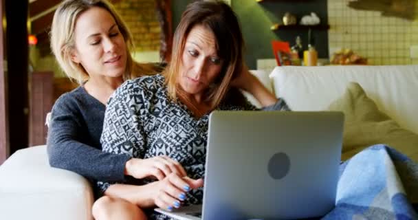 女同性恋夫妇使用膝上型电脑沙发在家4K — 图库视频影像