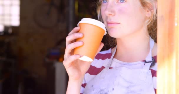 Hermosa Mujer Tomando Café Taller — Vídeos de Stock