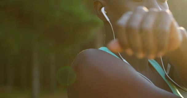 Kadın Atlet Orman Müzik Dinleme Sırasında Germe Egzersiz Yapmak Yakın — Stok video