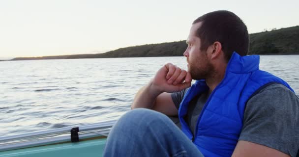 Thoughtful Man Travelling Motorboat — Stock Video