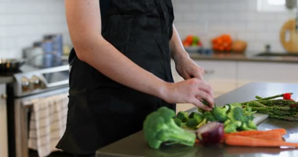 Ενότητα Μέσα Από Γυναίκα Ψιλό Κόψιμο Λαχανικών Στην Κουζίνα Στο — Αρχείο Βίντεο