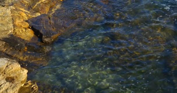 阳光明媚的一天 海滩上有岩石的海洋4K — 图库视频影像