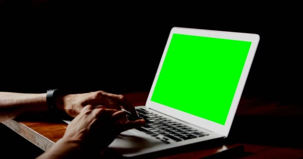 Man Using Laptop Table Black Background — Stock Video