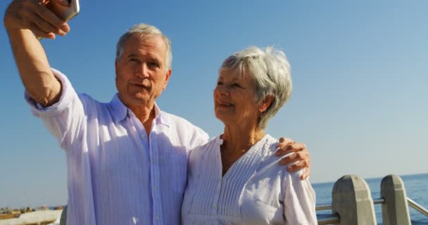 Smiling Senior Couple Taking Selfies Promenade — Stock Video