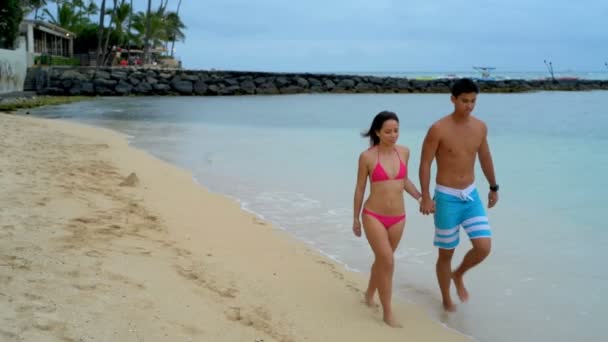 ビーチの上を歩く若いカップル — ストック動画