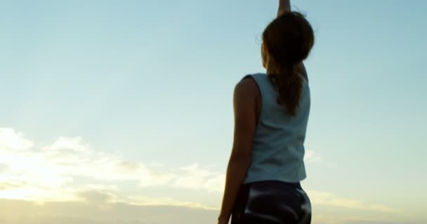 Achteraanzicht Van Vrouw Opkomen Met Armen Het Strand — Stockvideo