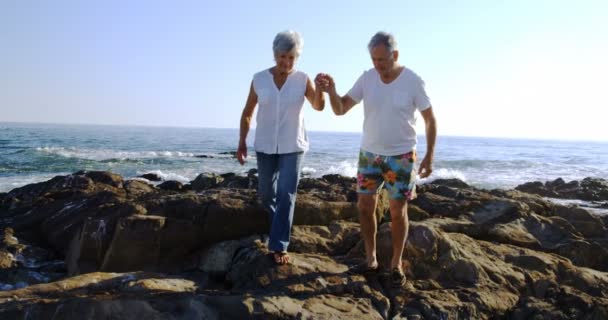 Couple Sénior Marchant Sur Rocher Par Une Journée Ensoleillée — Video