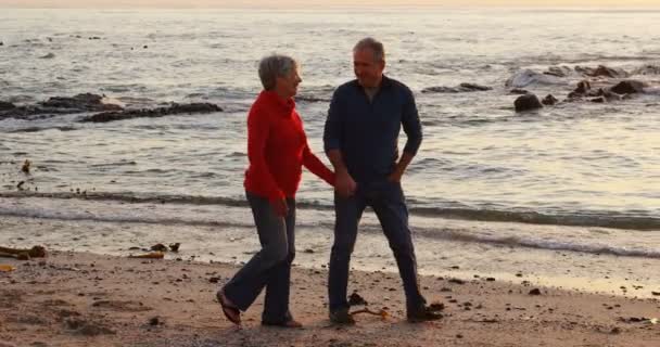 Senior Coppia Piedi Sulla Spiaggia Durante Tramonto — Video Stock