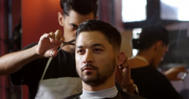 Уважний Перукар Обрізає Волосся Клієнтів Перукарні — стокове відео