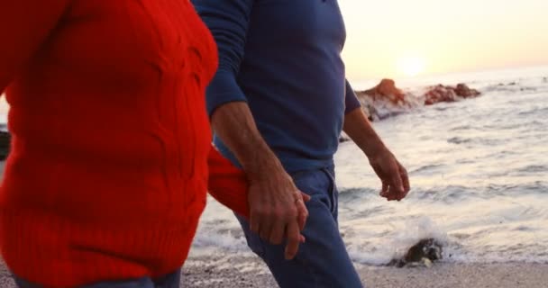 Ανώτερος Ζευγάρι Περπάτημα Χέρι Χέρι Στην Παραλία Στο Σούρουπο — Αρχείο Βίντεο