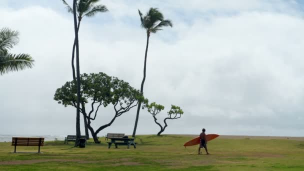 Senior Mannen Med Surfbräda Nära Beach — Stockvideo