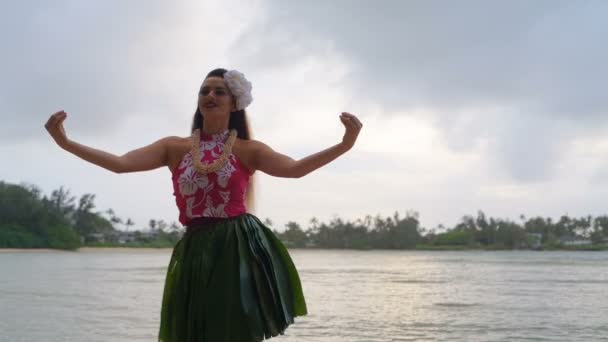 Hawaii Hula Tänzerin Kostüm Tanzt Auf Insel — Stockvideo