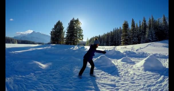 Mujer Patinaje Sobre Paisaje Nevado Durante Invierno — Vídeos de Stock