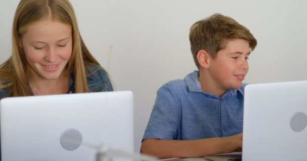 Gelukkige Jonge Geitjes Met Behulp Van Laptop Opleiding Van Instituut — Stockvideo