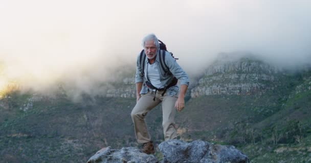 で岩の上に立って両手をアクティブな年配の男性 — ストック動画