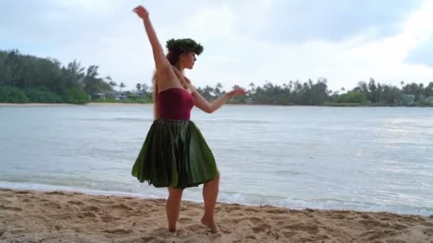 Гавайские Танцовщицы Хула Костюмах Танцуют Острове — стоковое видео