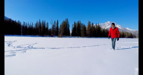 Homem Caminhando Paisagem Nevada Durante Inverno — Vídeo de Stock