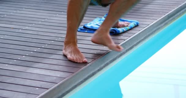 Active Senior Man Sitting Edge Swimming Pool — Stock Video