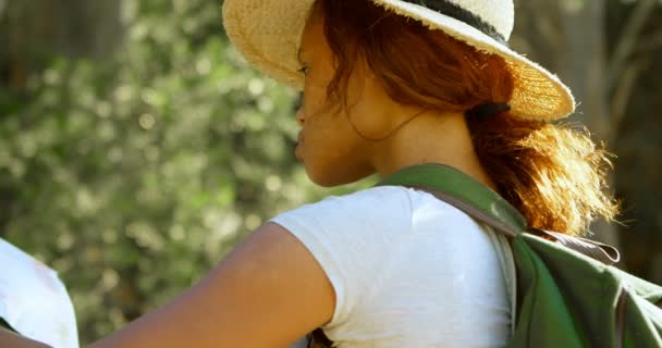 Vista Trasera Del Excursionista Femenino Mirando Mapa Campo — Vídeos de Stock