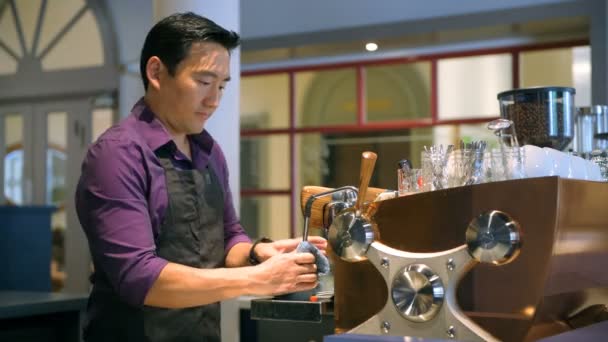 Jeune Barista Nettoyage Machine Café Dans Café — Video