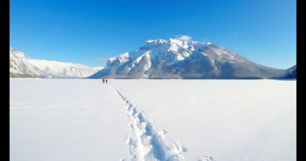 Skifahrerpaar Spaziert Winter Durch Verschneite Landschaft — Stockvideo