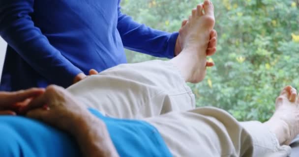 Fisioterapeuta Dando Terapia Joelho Para Mulher Idosa Clínica — Vídeo de Stock