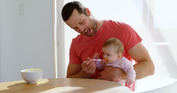 Vater Füttert Sein Baby Hause Mit Löffel — Stockvideo