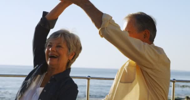 Senior Couple Dancing Promenade Sea Side Sunny Day — Stock Video