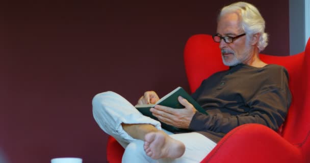 Homem Sênior Lendo Livro Sala Estar Casa — Vídeo de Stock