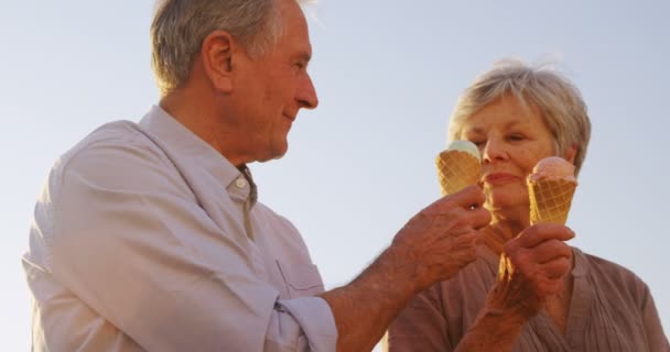 Senior Couple Eating Ice Creams Promenade Sunny Day — Stock Video