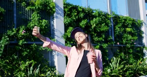 Woman Taking Selfie Mobile Phone Sunny Day — Stock Video