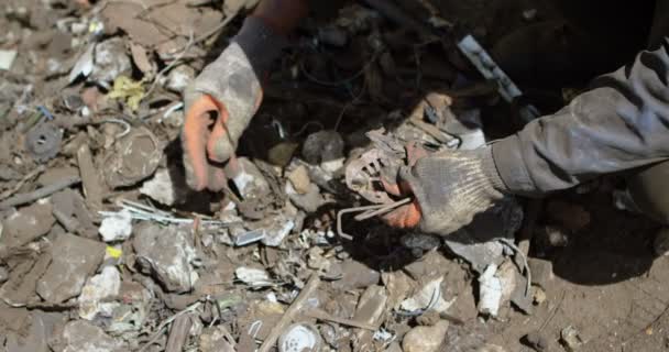 Erkek Işçi Artıkları Hurdalıkta Tutan Close — Stok video