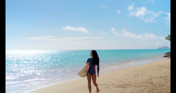 ビーチ にサーフボードを抱えて歩いて女性サーファー — ストック動画