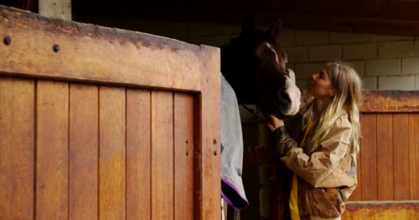 Jovem Mulher Beijando Cavalo Estábulo — Vídeo de Stock