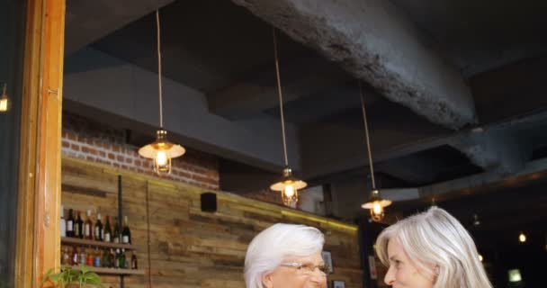 Mujeres Mayores Discutiendo Sobre Tableta Digital Cafetería — Vídeos de Stock