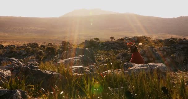 Hombre Tribal Caminando Campo Día Soleado — Vídeo de stock