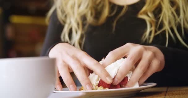 Hermosa Mujer Teniendo Pastel Cafetería — Vídeo de stock