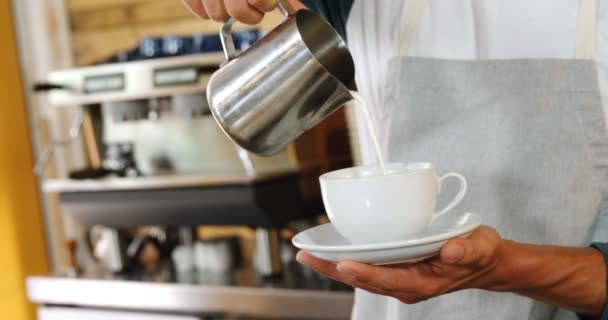 Camarero Masculino Vertiendo Leche Taza Cafetería — Vídeos de Stock