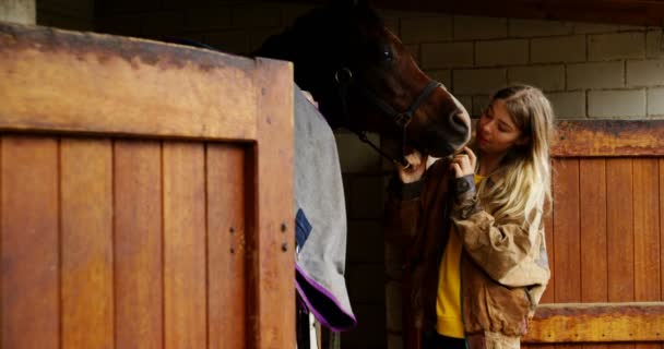 Jovem Mulher Beijando Cavalo Estábulo — Vídeo de Stock