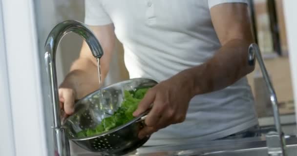 Homem Sênior Limpeza Vegetal Cozinha Casa — Vídeo de Stock