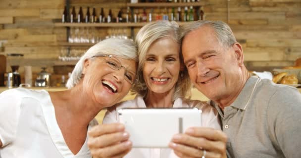 Happy Senior Friends Talking Selfie Cafe — Stock Video