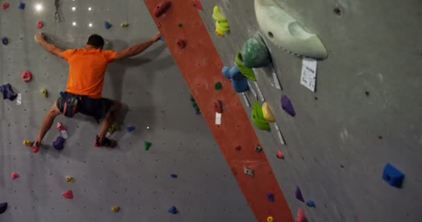 Vista Trasera Del Hombre Escalando Pared Artificial Gimnasio Bouldering — Vídeos de Stock