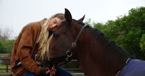 Κοντινό Πλάνο Γυναίκα Αγκαλιάζει Άλογο Στον Ξύλινο Φράχτη Στο Ranch — Αρχείο Βίντεο