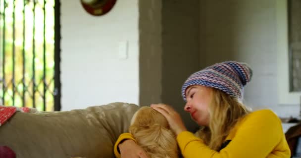 Mujer Leyendo Libro Con Perro Sofá Casa — Vídeos de Stock