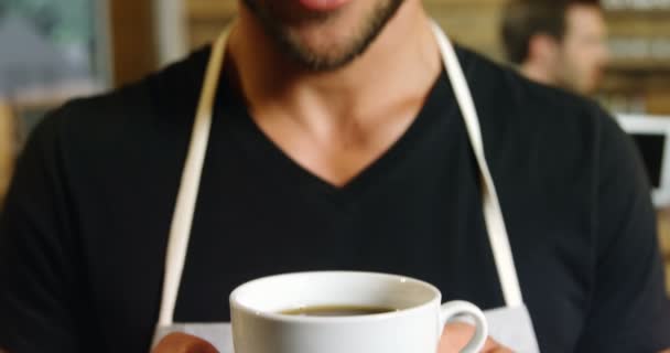 Πορτρέτο Του Αρσενικό Σερβιτόρος Κρατώντας Ένα Φλιτζάνι Καφέ Στο Καφέ — Αρχείο Βίντεο