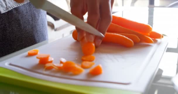 女性ホーム で台所でニンジンをチョッピングのクローズ アップ — ストック動画
