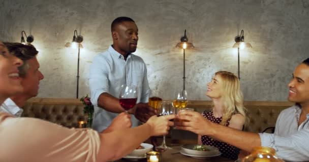 Amigos Felices Brindando Vasos Bebida Una Cena — Vídeos de Stock