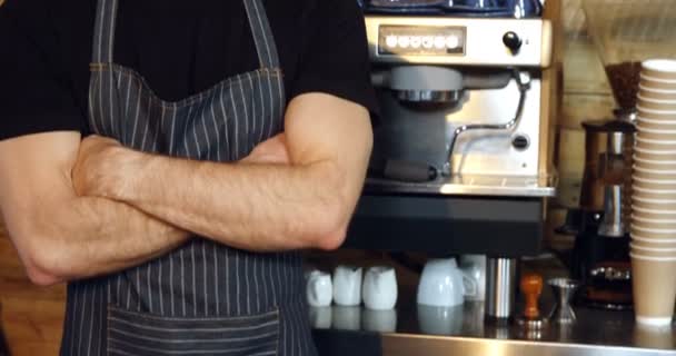 Portret Mężczyzna Kelner Stojąc Rękami Skrzyżowanymi Café — Wideo stockowe