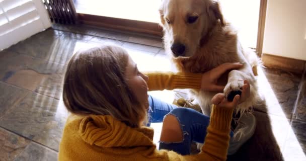 Mooie Vrouw Haar Hond Liefdevol Bij Huis — Stockvideo