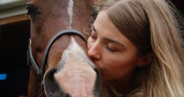 Close Mulher Beijando Cavalo Estábulo — Vídeo de Stock